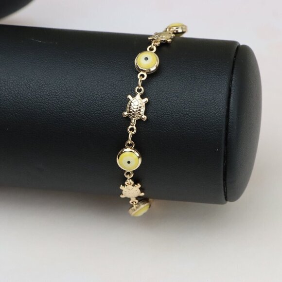 "Rose Gold Turtle & Yellow Evil Eye Bracelet, Cute Protective Design, XPBL0744 - Picture 9 of 12